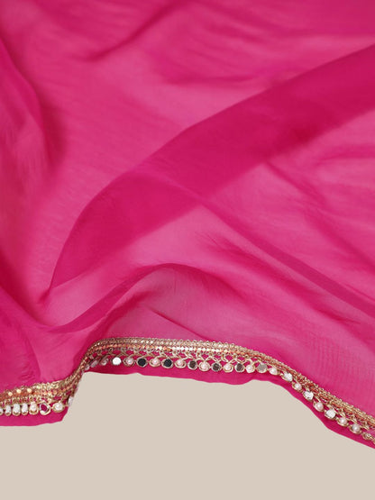 Dhiyona SO Women's Pink Ethnic Motifs Embroidered Mirror Work Dupion Silk Kurta With Palazzos & Dupatta