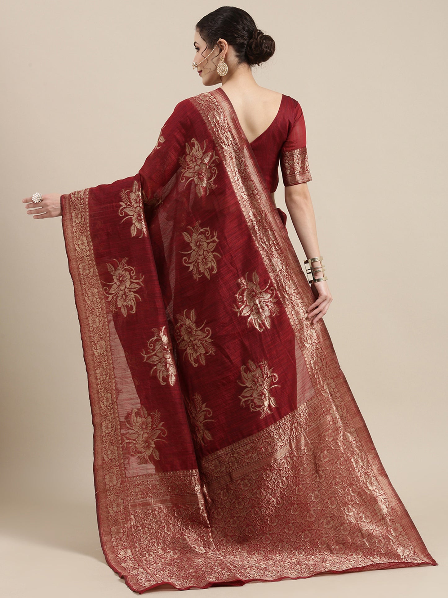 Women's Linen Maroon Woven Design Woven saree With Blouse Piece