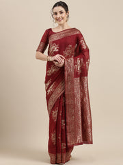 Women's Linen Maroon Woven Design Woven saree With Blouse Piece