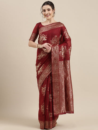 Women's Linen Maroon Woven Design Woven saree With Blouse Piece