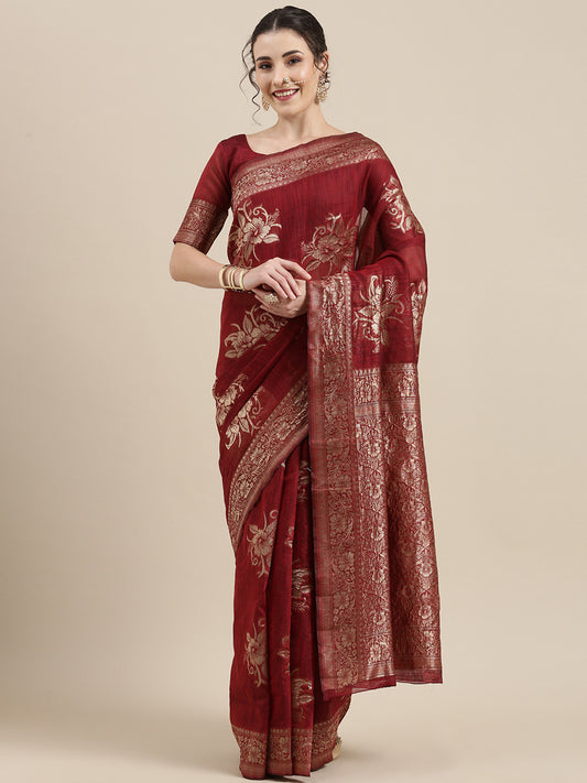 Women's Linen Maroon Woven Design Woven saree With Blouse Piece