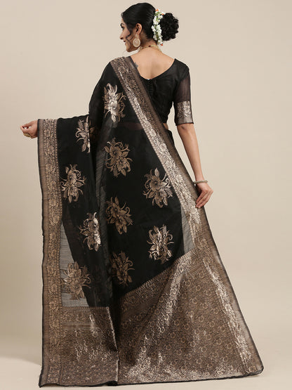 Women's Linen Black Woven Design Woven saree With Blouse Piece