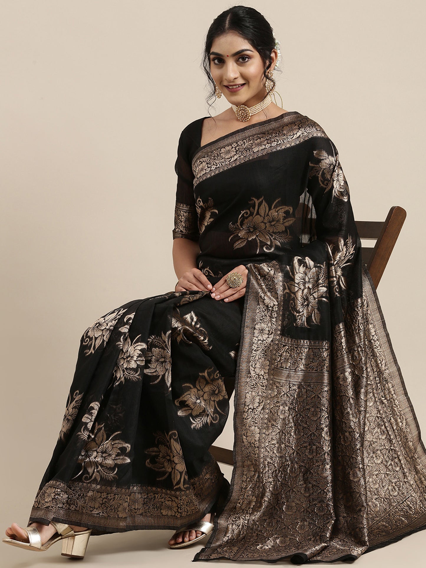 Women's Linen Black Woven Design Woven saree With Blouse Piece