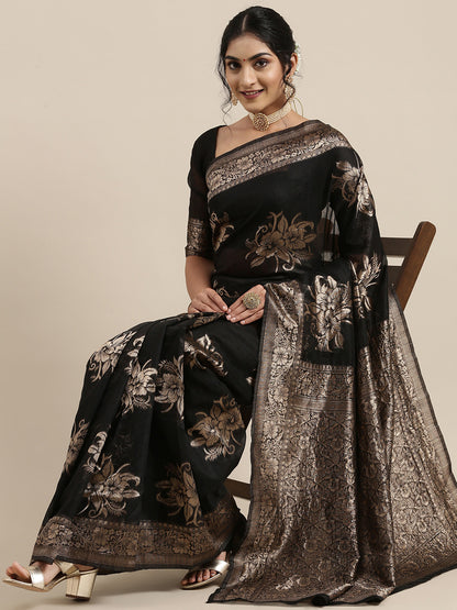 Women's Linen Black Woven Design Woven saree With Blouse Piece