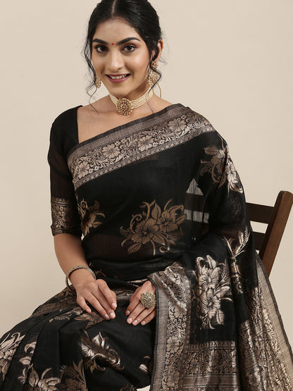 Women's Linen Black Woven Design Woven saree With Blouse Piece