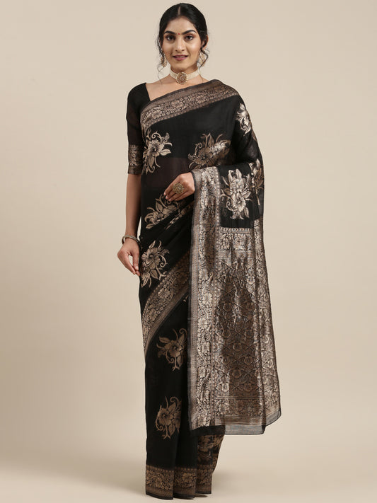 Women's Linen Black Woven Design Woven saree With Blouse Piece