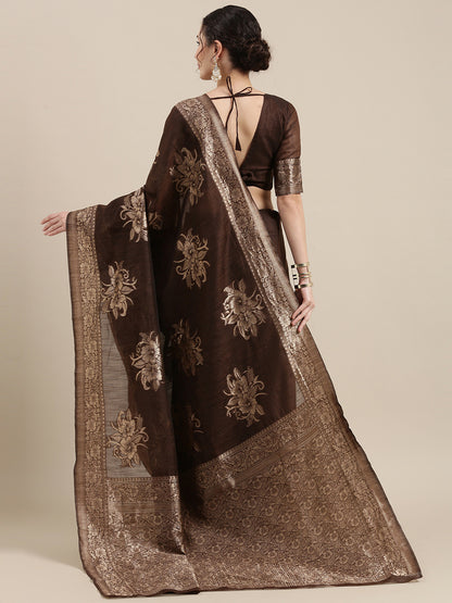 Women's Linen Brown Woven Design Woven saree With Blouse Piece
