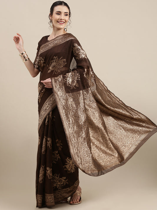 Women's Linen Brown Woven Design Woven saree With Blouse Piece