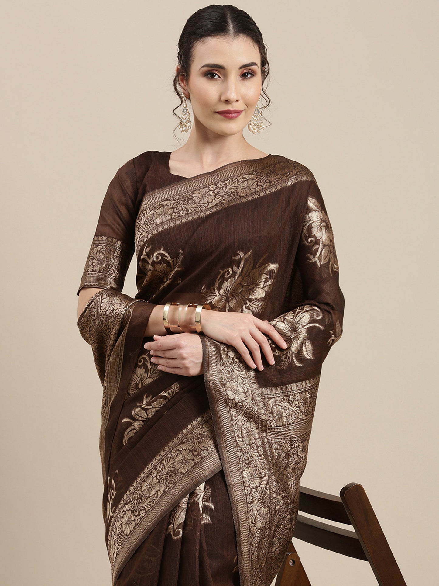 Women's Linen Brown Woven Design Woven saree With Blouse Piece