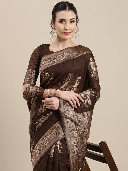 Women's Linen Brown Woven Design Woven saree With Blouse Piece
