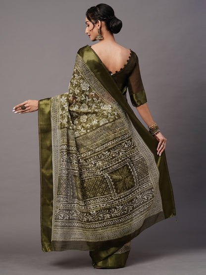 Women's Cotton Blend Olive Printed Designer Saree With Blouse Piece