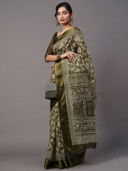 Women's Cotton Blend Olive Printed Designer Saree With Blouse Piece