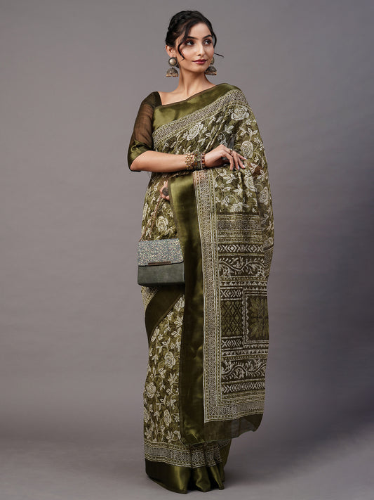 Women's Cotton Blend Olive Printed Designer Saree With Blouse Piece