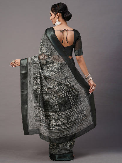 Women's Cotton Blend Sea Green Printed Designer Saree With Blouse Piece