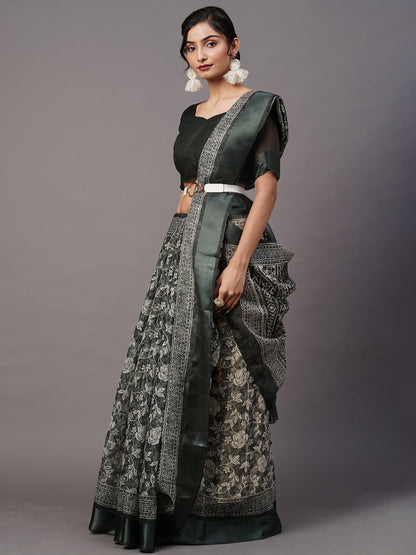 Women's Cotton Blend Sea Green Printed Designer Saree With Blouse Piece