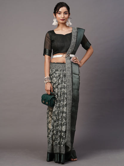 Women's Cotton Blend Sea Green Printed Designer Saree With Blouse Piece