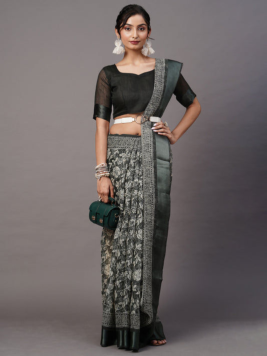 Women's Cotton Blend Sea Green Printed Designer Saree With Blouse Piece