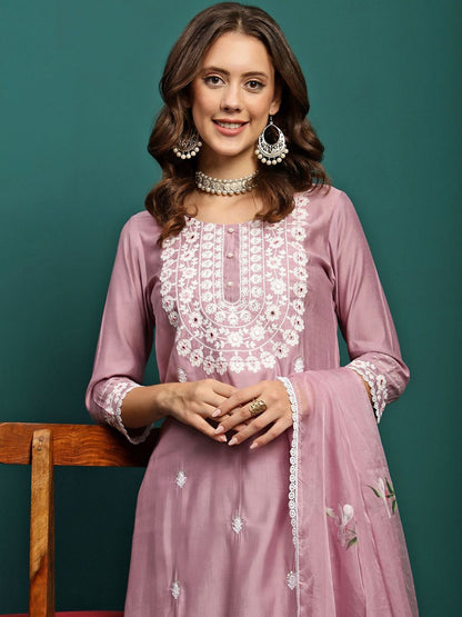 Dhiyona SN Women's Mauve Floral Embroidered Round Neck Mirror Work Kurta With Trouser & Dupatta