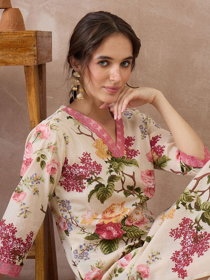 Women Floral Printed Regular Pure Cotton Kurta with Trousers