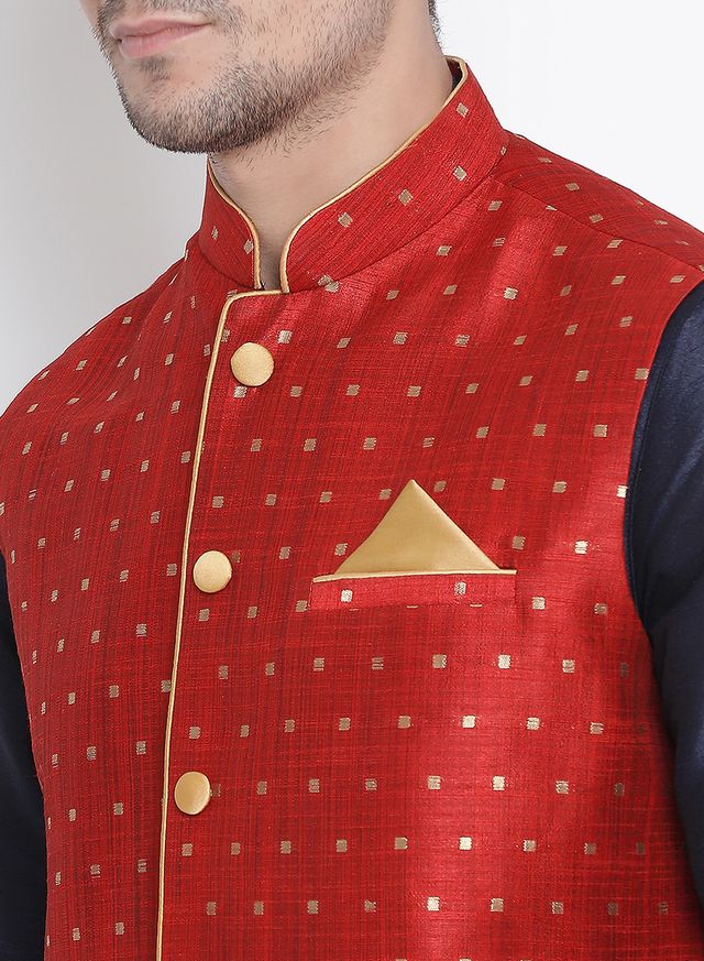 Men's Dark Blue Silk Blend Straight Jacket  Kurta and Dhoti Set