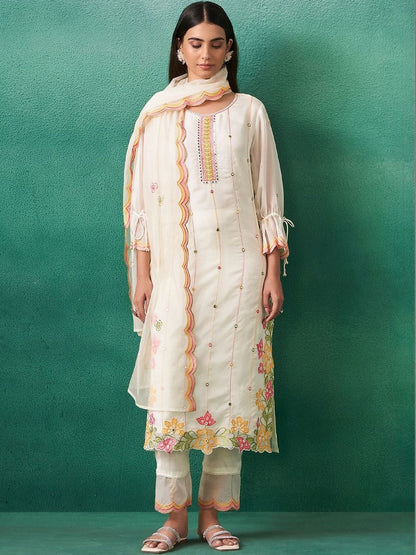 Women Floral Embroidered Regular Mirror Work Kurta with Trousers & With Dupatta