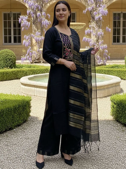 Women Ethnic Motifs Embroidered Regular Thread Work Pure Cotton Kurta with Palazzos & With Dupatta