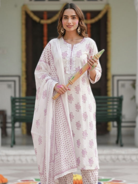 Dhiyona RR Women's Floral Printed Cotton Kurta with Trousers & Dupatta