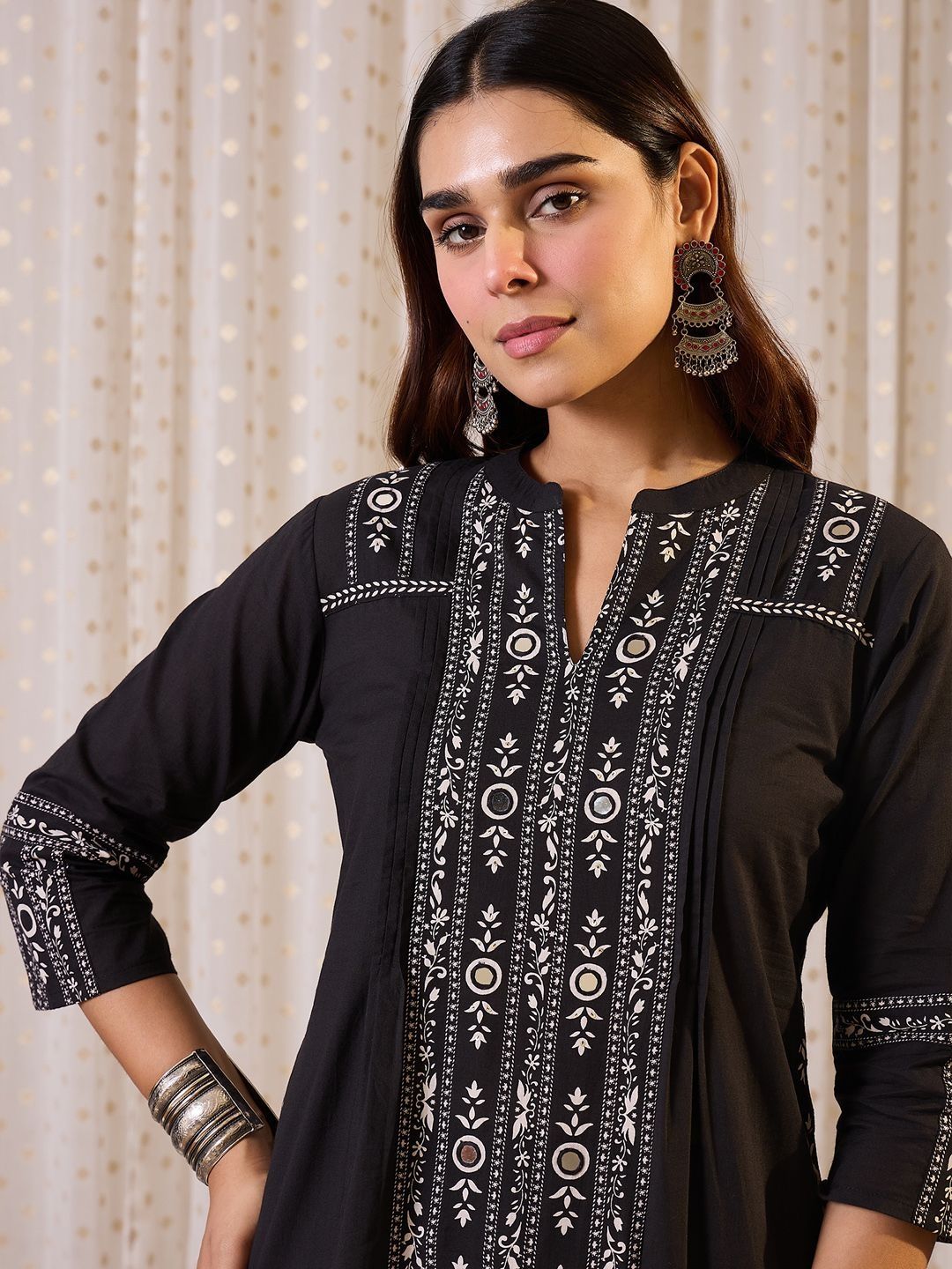 Ethnic Motifs Printed Mandarin Collar Pure Cotton Straight Kurta & Trousers
