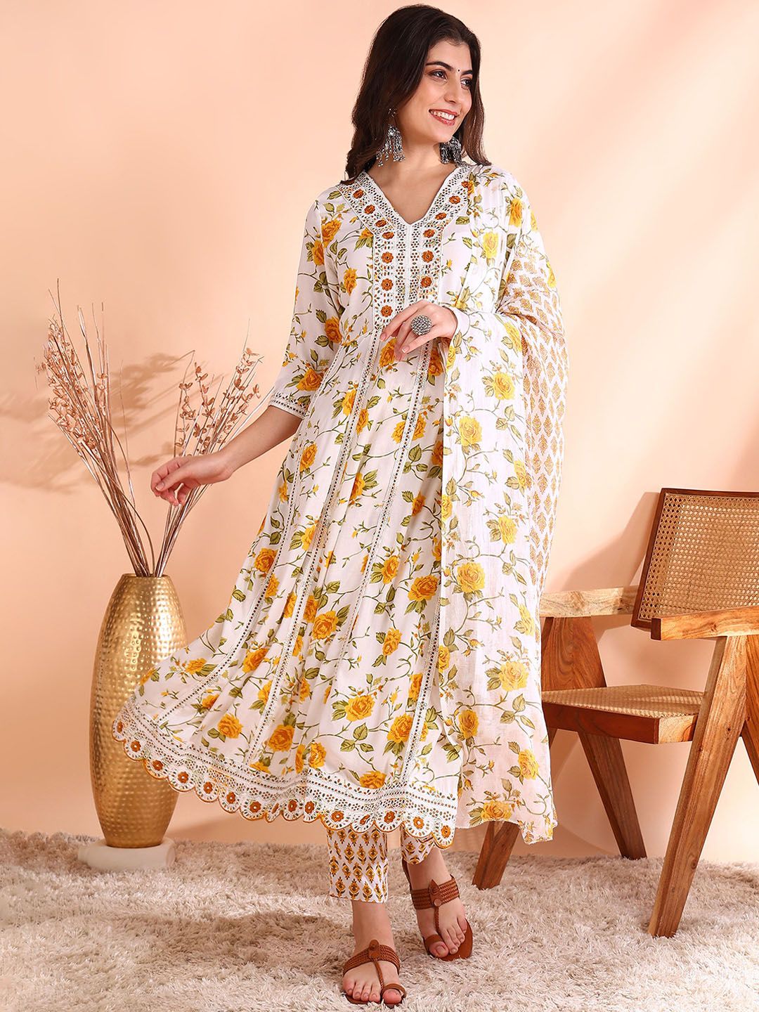 Dhiyona OD  Thread Work Pure Cotton Anarkali Kurta with Trousers & Dupatta