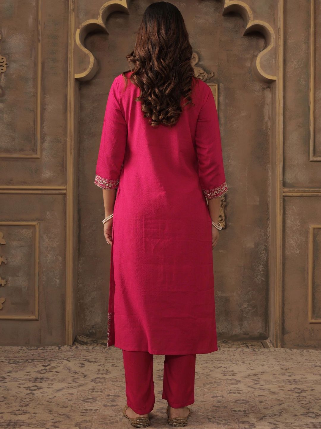 Ethnic Motifs Embroidered Chanderi Cotton Kurta With Trousers & Dupatta