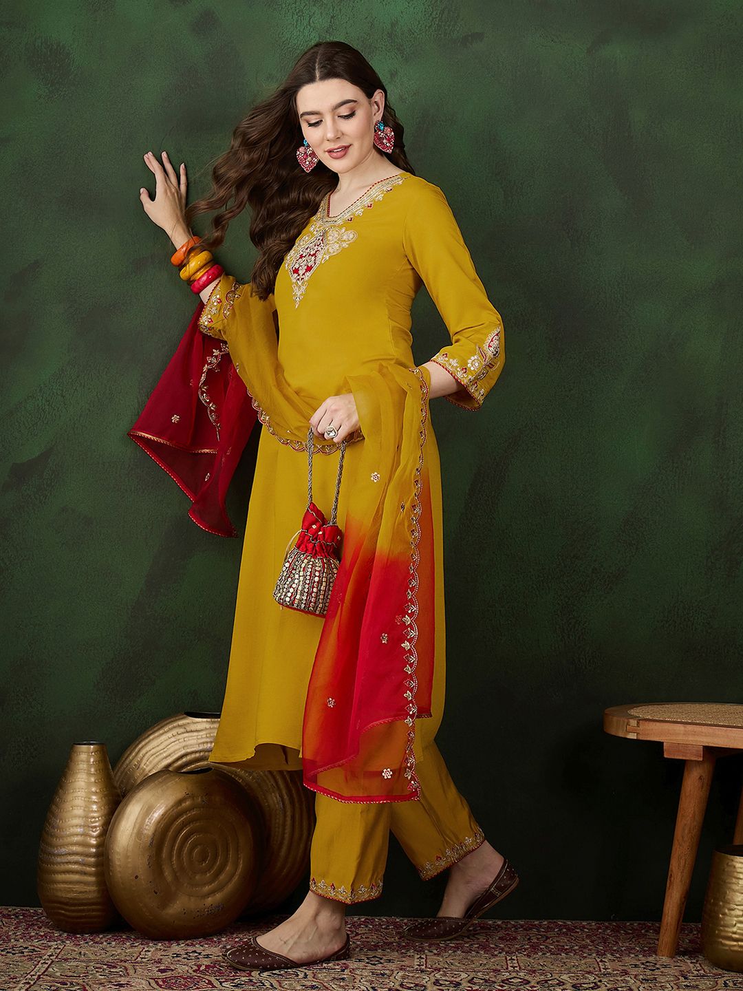 Dhiyona SN Women's Yellow Floral Embroidered Regular Sequinned Kurta With Trouser With Dupatta