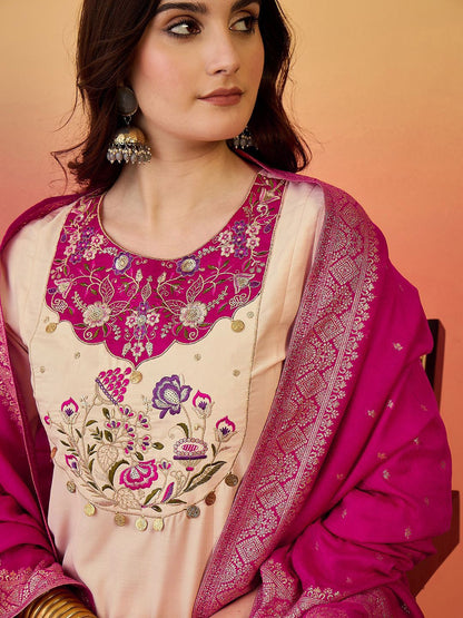Dhiyona SN Women's Floral Yoke Design Panelled Thread Work A-Line Kurta With Trouser And Dupatta