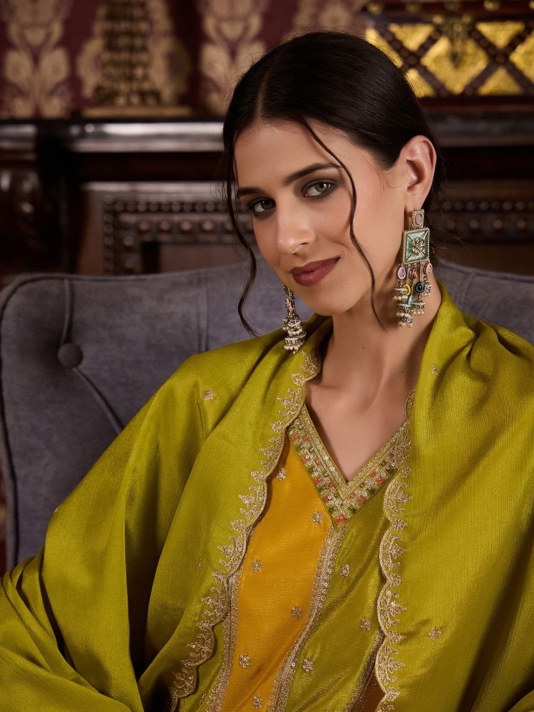 Dhiyona CH Women Ethnic Motifs Embroidered Tiered Thread Work Kurta with Palazzos & With Dupatta