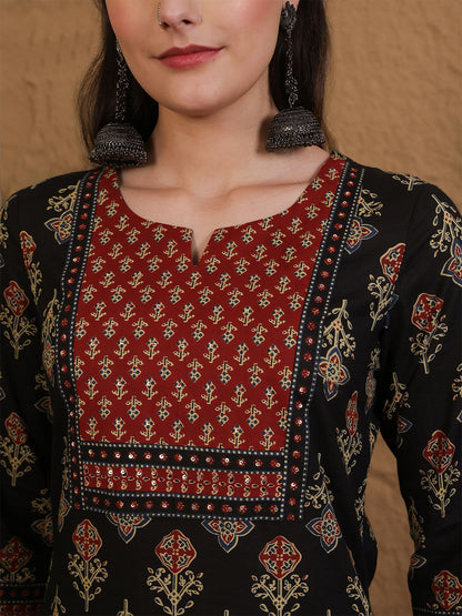 Dhiyona SN Women's Ethnic Motifs Printed Sequinned Pure Cotton Kurta Set With Dupatta
