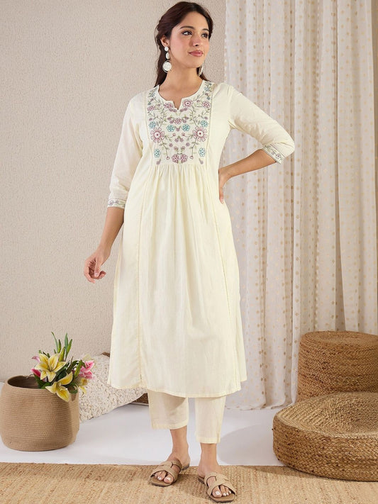 Women Floral Embroidered Empire Thread Work Pure Cotton Kurta with Trousers & With Dupatta