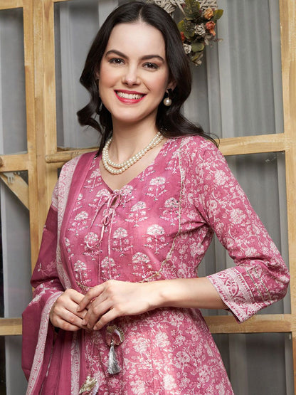 Dhiyona SN Women's Mauve Floral Printed Keyhole Neck Pure Cotton Kurta With Trouser & Dupatta