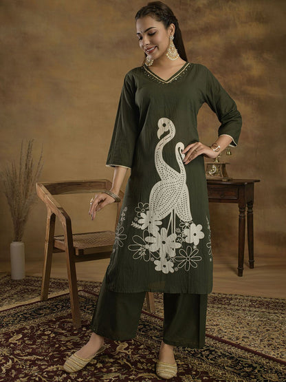 Dhiyona SN Women's Ethnic Motifs Sequinned Pure Cotton Kurti with Trousers & Dupatta