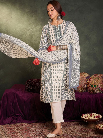 Ethnic Motifs Printed Pure Cotton Kurta With Trousers & Dupatta