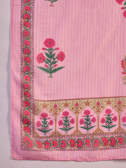 Dhiyona SN Women's Pink Floral Embroidered V-Neck Sequinned Straight Kurta With Trousers And Dupatta