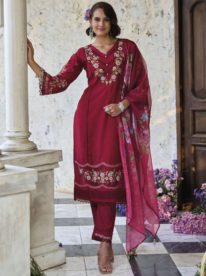 Dhiyona VA Women'sFloral Embroidered Thread Work Pure Cotton Straight Kurta & Trouser & Dupatta