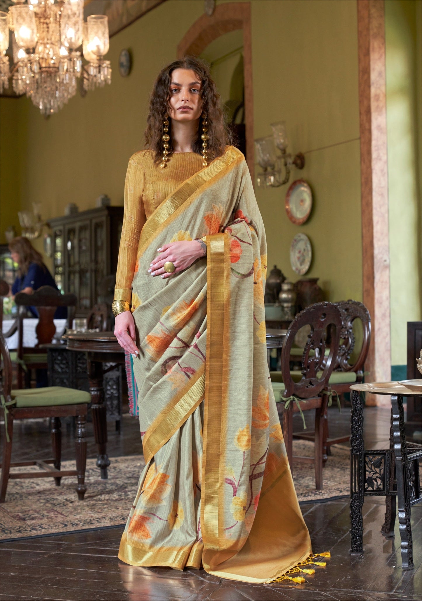 Dhiyona GR Women's Luxuria Mustard Banarasi Digital Soft Silk Saree