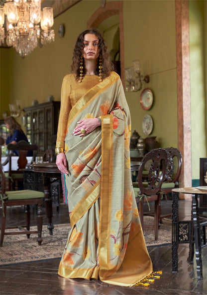 Dhiyona GR Women's Luxuria Mustard Banarasi Digital Soft Silk Saree