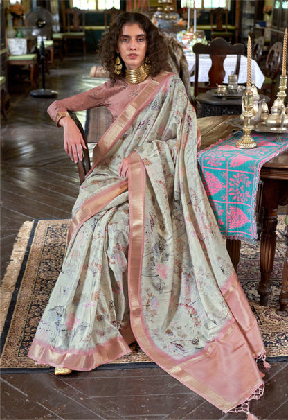Dhiyona GR Women's Luxuria Peach Banarasi Digital Soft Silk Saree