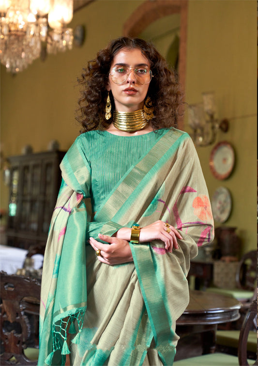 Dhiyona GR Women's Luxuria Turquoise Banarasi Digital Soft Silk Saree