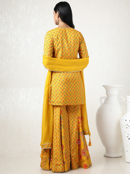 Dhiyona SO Women's Women Floral Printed Angrakha Mirror Work Kurta with Sharara & With Dupatta