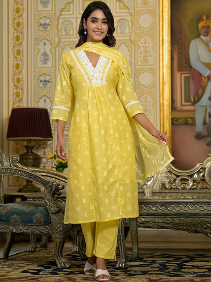 Dhiyona VA Women's V Neck Gathered Flared Cotton Kurta with Trouser & Embroidered Dupatta