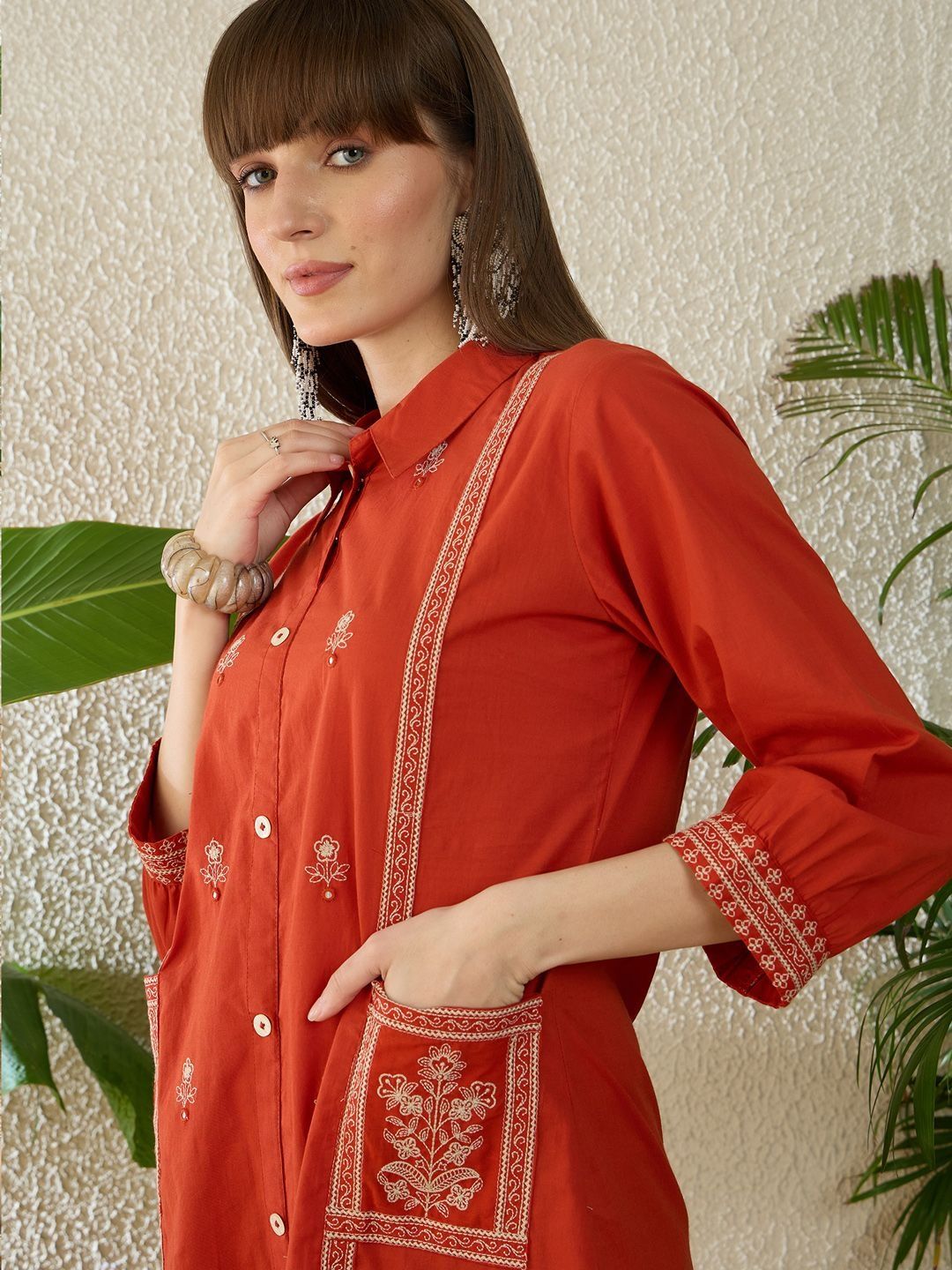 Dhiyona IE Embroidered Shirt Collar Three-Quarter Sleeves Pure Cotton Tunic And Trousers
