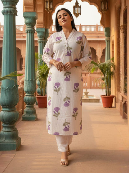 Women Floral Printed Pure Cotton Kurta with Trousers