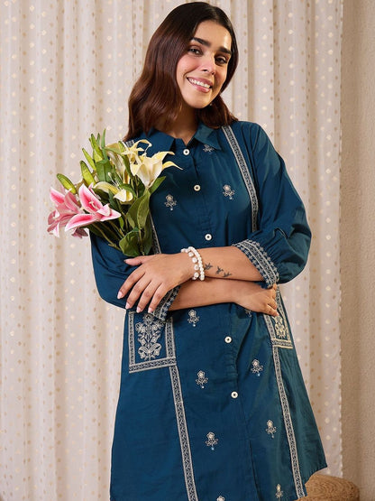 Floral Embroidered Shirt Collar Thread Work Pure Cotton Kurta & Trousers