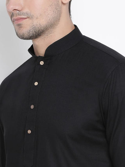Men's Black Cotton Linen Straight Kurta Pyjama Set